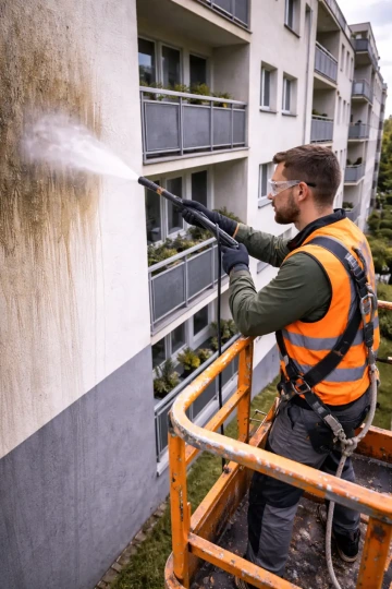 Mytí fasády panelového domu